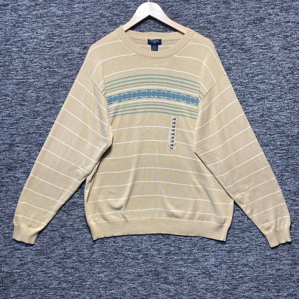 NWT VTG Dockers Knit Sweater Mens XL Tan Camel Striped Fair Isle Cotton NWT 90s